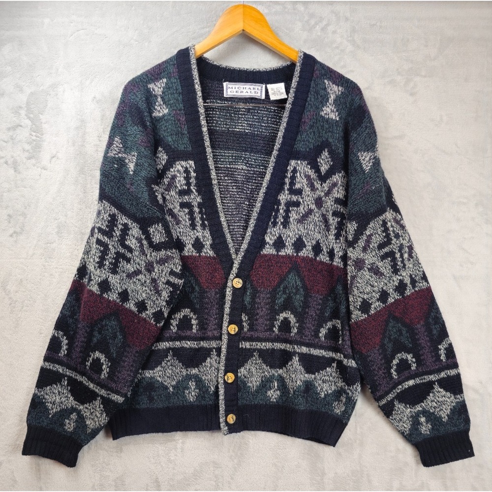 Vintage Michael Gerald Cardigan Sweater Men's XL 90s Geometric Knit Grandpa